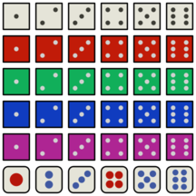 white, red, green, blue, purple and Chinese style dice